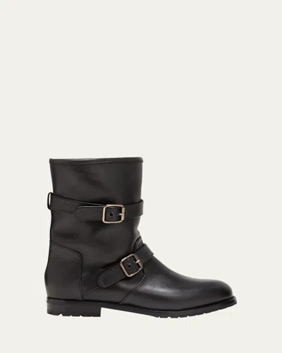 MANOLO BLAHNIK SULALTRA LEATHER BUCKLE BIKER BOOTIES