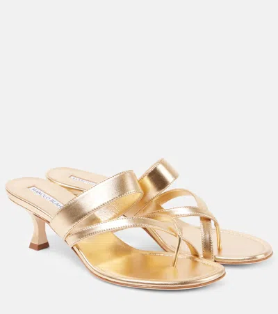 Manolo Blahnik Susa 50 Metallic Leather Mules In Gold