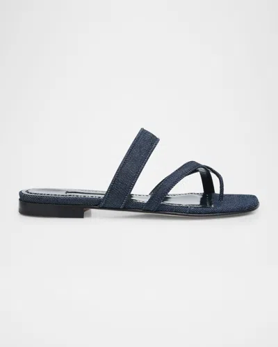 Manolo Blahnik Susa Chambray Crisscross Flat Sandals In Purple