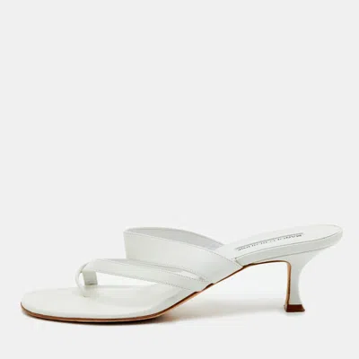 Pre-owned Manolo Blahnik Susa Size 41 White Leather Slide Sandals