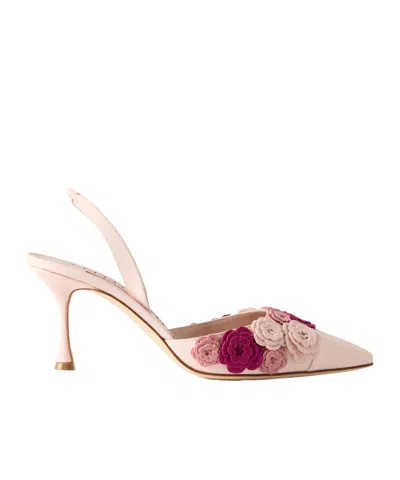 Manolo Blahnik Svemutasli 70 Embellished Crochet-trimmed Leather Pumps In Multi
