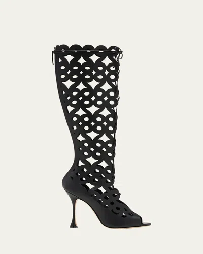 Manolo Blahnik Tarashi Perforated Lace-up Knee Boots In Black