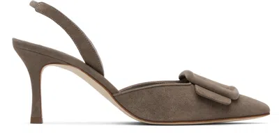 MANOLO BLAHNIK TAUPE MAYSLI HEELED SANDALS
