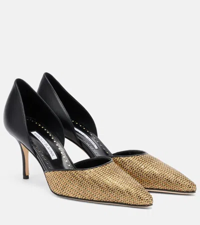 Manolo Blahnik Taylerbinu Leather-trimmed Woven Pumps In Gold
