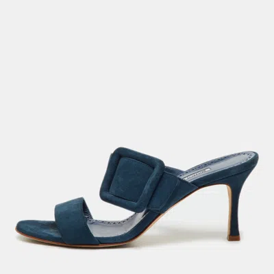 Pre-owned Manolo Blahnik Teal Blue Suede Gable Slide Sandals Size 38
