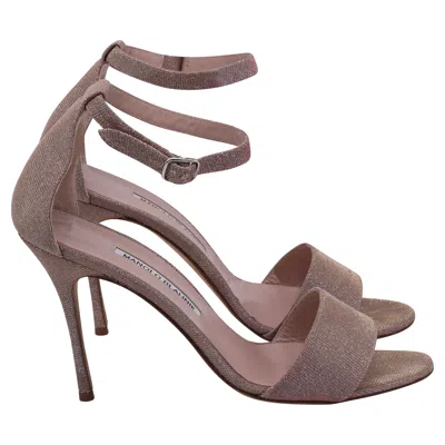 Manolo Blahnik Tres Ankle Strap Sandal Heels In Metallic Gold Glitter In Pink