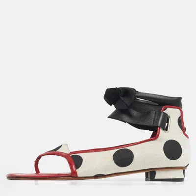 Pre-owned Manolo Blahnik Tricolor Canvas And Leather Ankle Wrap Flat Sandals Size 39 In White