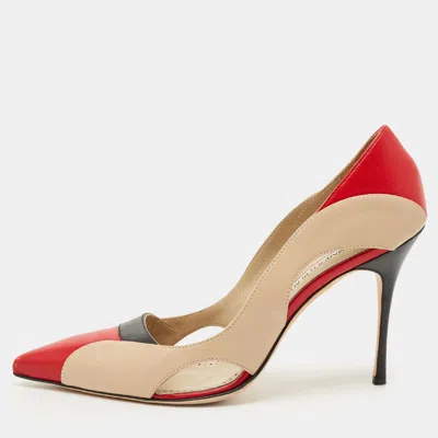 Pre-owned Manolo Blahnik Tricolor Cut Out Leather Vestala Pointed Toe Pumps Size 42 In Red