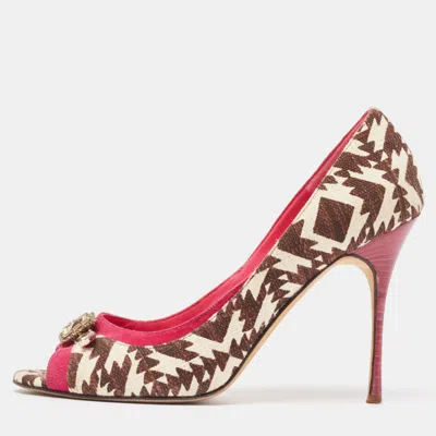 Manolo Blahnik Tricolor Printed Canvas And Suede Embellished Buckle Peep Toe Pumps In Brown