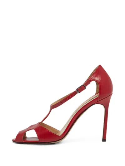 Pre-owned Manolo Blahnik T-strap Sandals In Red