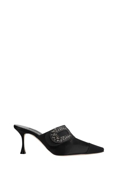 Manolo Blahnik Tula 70 Satin Jewel Buckle Mules In Black