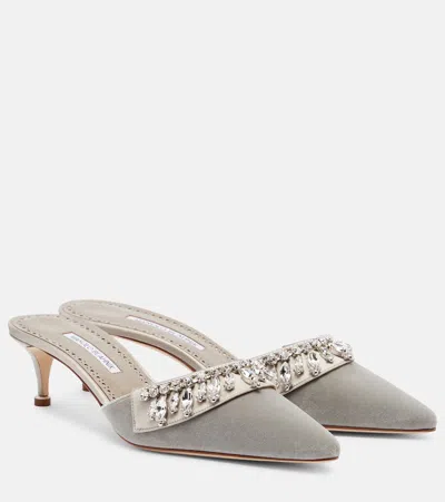 Manolo Blahnik Tulipe 50 Embellished Velvet Mules In Gray