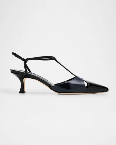 Manolo Blahnik Turgimod Bicolor Patent Leather T-strap Pumps In Black