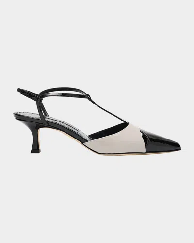 MANOLO BLAHNIK TURGIMOD BICOLOR PATENT LEATHER T-STRAP PUMPS