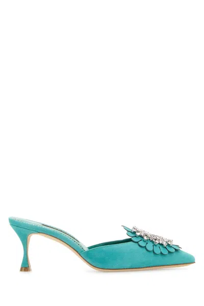 Manolo Blahnik Turquoise Suede Shogmu Mules In Blue