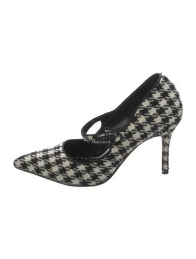 Pre-owned Manolo Blahnik Tweed Houndstooth Print T-strap Pumps In Blue