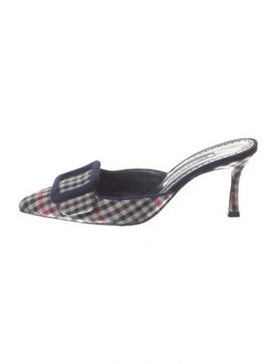 Pre-owned Manolo Blahnik Tweed Plaid Print Mules In Blue