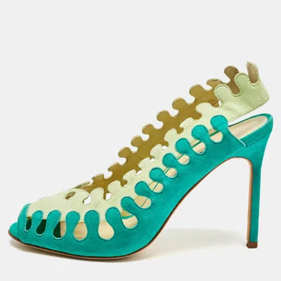Manolo Blahnik Two Tone Cutout Suede Slingback Peep Toe Pumps In Green