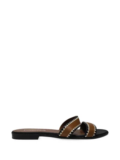 Pre-owned Manolo Blahnik Two-band Flat Leather Sandals In Brown