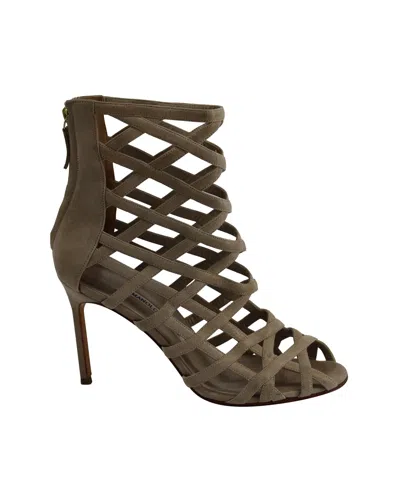 Manolo Blahnik Vagibu Cage Ankle High Heel Sandals In Khaki Suede In Green
