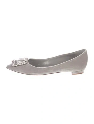 Pre-owned Manolo Blahnik Velvet Crystal Embellishments Flats In Gray