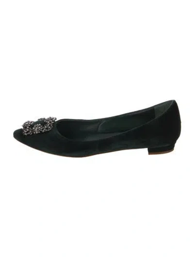 Pre-owned Manolo Blahnik Velvet Crystal Embellishments Flats In Green