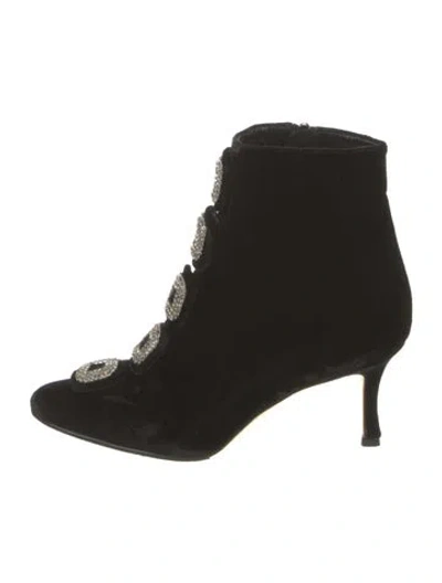 Pre-owned Manolo Blahnik Velvet Crystal Embellishments Lace-up Boots In Black