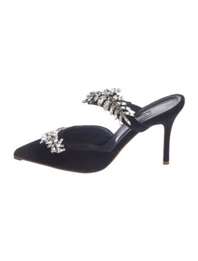 Pre-owned Manolo Blahnik Velvet Crystal Embellishments Mules In Blue