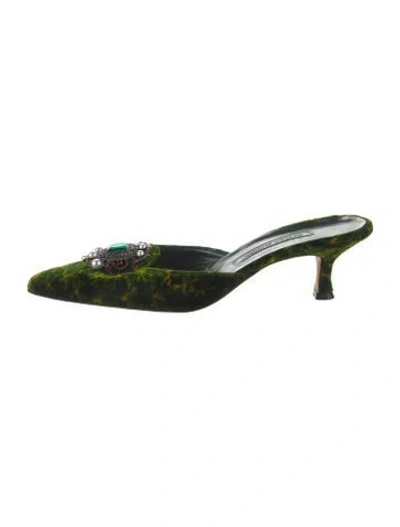 Pre-owned Manolo Blahnik Velvet Crystal Embellishments Mules In Green