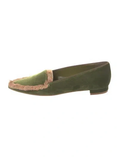 Pre-owned Manolo Blahnik Velvet Fringe Trim Accent Loafers In Green