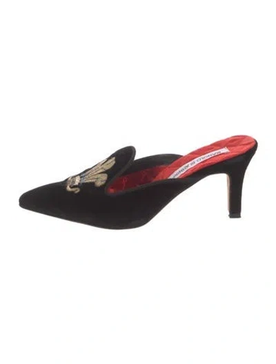 Pre-owned Manolo Blahnik Velvet Graphic Print Mules In Black