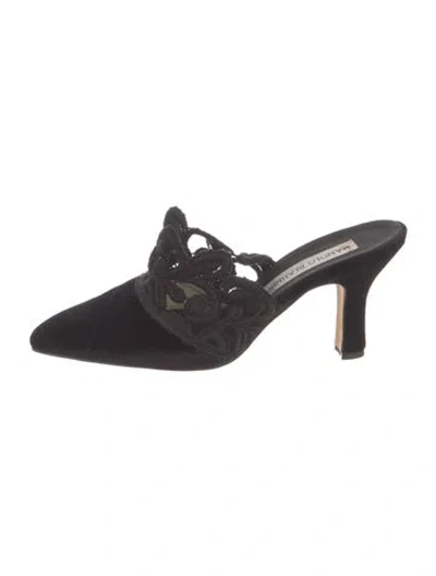 Pre-owned Manolo Blahnik Velvet Lace Trim Embellishment Mules In Black