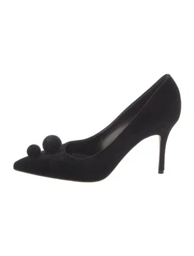 Pre-owned Manolo Blahnik Velvet Pom-pom Embellishments Pumps In Black