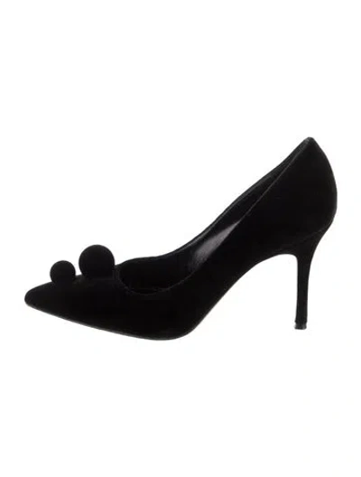 Pre-owned Manolo Blahnik Velvet Pom-pom Embellishments Pumps In Black