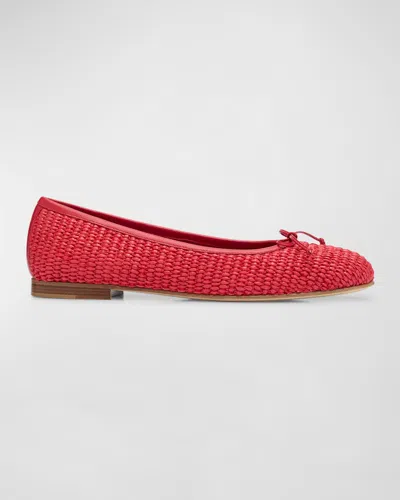 Manolo Blahnik Veralli Woven Bow Ballerina Flats In Red