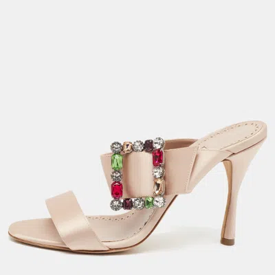 Pre-owned Manolo Blahnik Verda Size 41 Beige Satin Crystal Embellished Buckle Slide Sandals