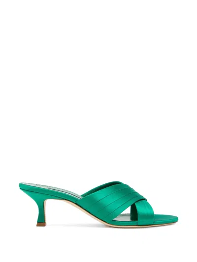 Manolo Blahnik Vieramul Pleated Satin Kitten-heel Mule Sandals In Green