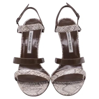 Pre-owned Manolo Blahnik Villano Strappy Sandal Heels In Brown Snakeskin Leather