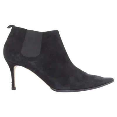 Pre-owned Manolo Blahnik Vintage Black Suede Pointy Toes Mid Heel Booties Eu39.5