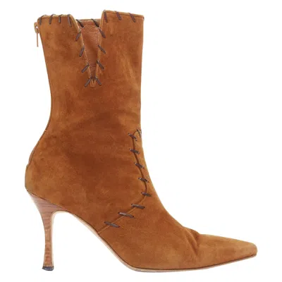 Pre-owned Manolo Blahnik Vintage Brown Suede Overstitch Detail Heeled Ankle Boots Eu39.5