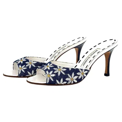 Pre-owned Manolo Blahnik Vintage Denim Floral Embroidered Peep Toe Mules Sandals 37.5 In Gray