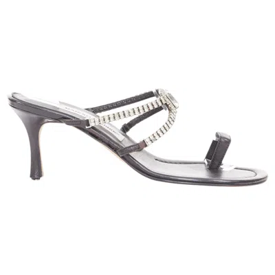 Pre-owned Manolo Blahnik Vintage Leather Crystal Toe Ring Stiletto Mule Sandals Eu37.5 In Gray