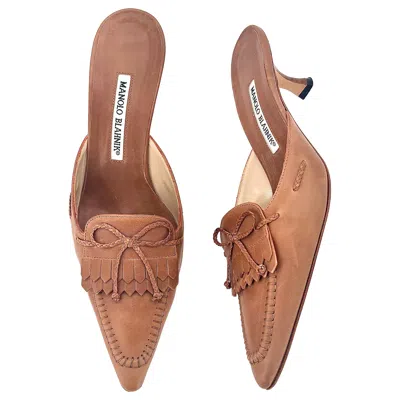 Pre-owned Manolo Blahnik Vintage  Bow Fringe Detail Pointed Toe Kitten Heel Mules 39.5 In Brown
