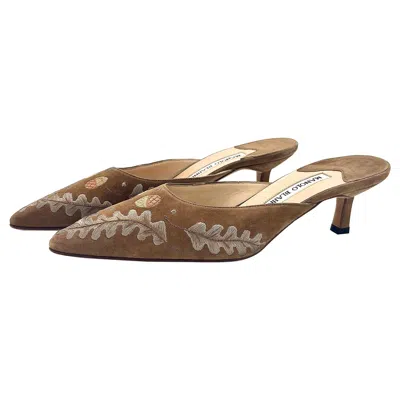 Pre-owned Manolo Blahnik Vintage  Brown Suede Embroidered Pointed Toe Kitten Heel Mule 35.5