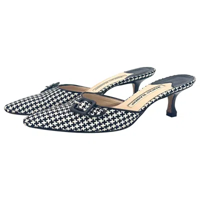 Pre-owned Manolo Blahnik Vintage  Buckle Houndstooth Pointed Toe Slip On Mules 37.5 In Black