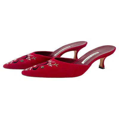 Pre-owned Manolo Blahnik Vintage  Embroidered Pointed Toe Kitten Heel Mules Pumps 39 In Red