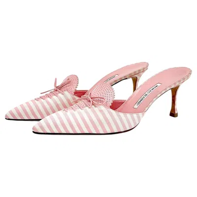 Pre-owned Manolo Blahnik Vintage  Pink Striped Bow Lace Up Pointed Toe Mules Pumps 42