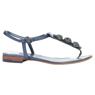 Pre-owned Manolo Blahnik Vintage Metallic Leather Jewel Embellished Tstrap Flat Sandals In Gray