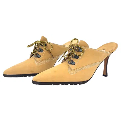 Pre-owned Manolo Blahnik Vintage Oklamu Timberland Pointed Toe Slip On Mules Pumps 36 In Sand