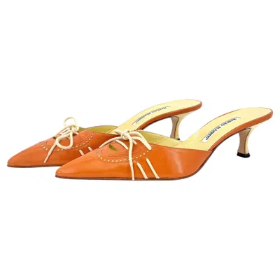 Pre-owned Manolo Blahnik Vintage Orange Bow Pointed Toe Slip On Kitten Heel Mules 41